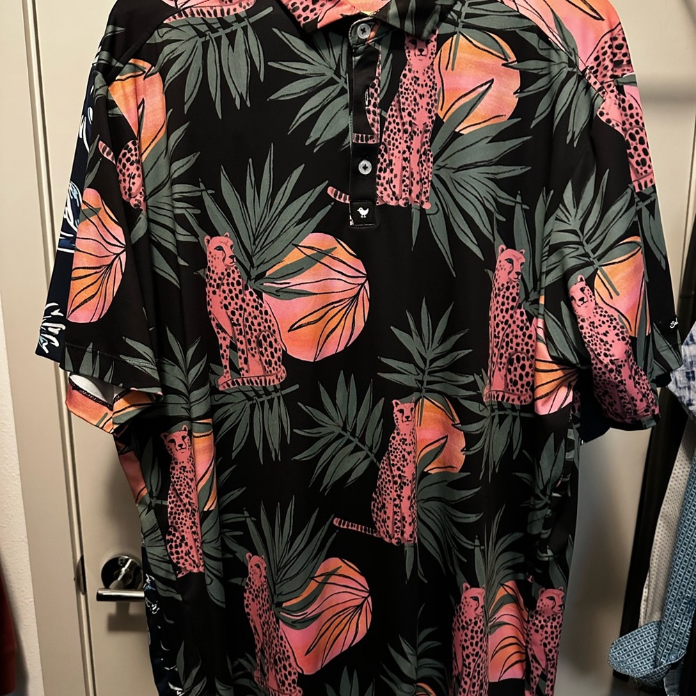 Bad Birdie Tropical Pink and Green Polo